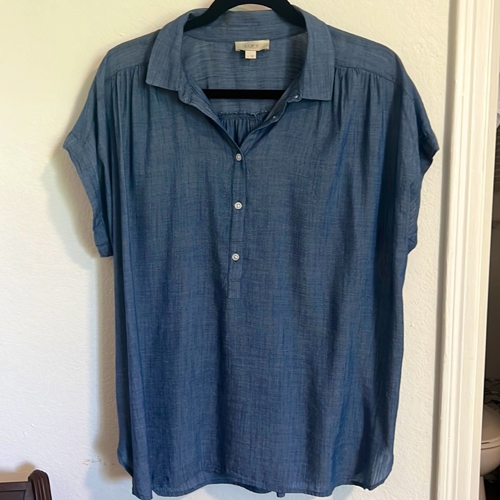 Loft size large flowy blue half button down short- sleeve blouse, lightweight